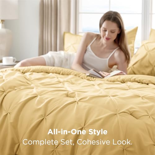 Image of Bedsure Full Comforter Set Yellow - Bed in a Bag Full Size 7 Pieces, GentleSoft Pintuck Bed Set Gift for Family, All Season Down Alternative Comforter with Sheets, Pillowcases & Shams
