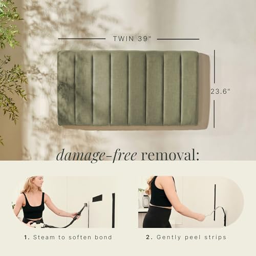 Image of Hearth & Harbor Wall Mounted Twin Headboard Only, Bed Headboard Twin Size | Easy Assemble, Floating Peel & Stick, Upholstered Channel Stitched, 3D Wall Panels, 5 Strips of 3M Tape Included, Olive Green