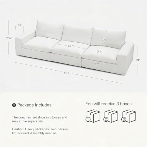Image of Modular Cloud Sofa, 113.8 inch Cloud Sectional Couches with Deep Seat, 3-Seat Couch for Living Room, Modern Comfy Couch with Washable Cover, Wide Armrest (White)