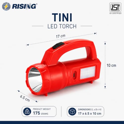 Image of RISING Tini 3W Rechargeable LED Flashlight with 1200mAh Li-ion Battery | Emergency Sidelight | 3 Lighting Modes | Compact Emergency Torch for Home, Travel, Camping & Power Cuts