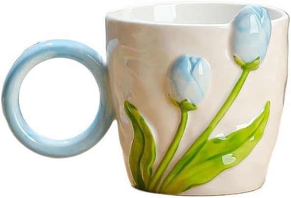 Mug Creative Relief Hand-Painted Flower Pattern Ceramic Home Office Afternoon Tea Water Cup(C)