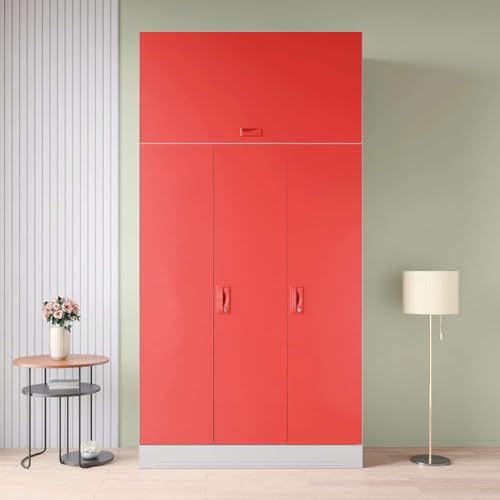Image of Interio by Godrej Almirah Slimline 3-Door Steel Almirah, Cupboard for Clothes (Alpine White and Hot Coral Matte), 1-Year Warranty, 7 Shelves, 1 Locker, with Overhead Unit