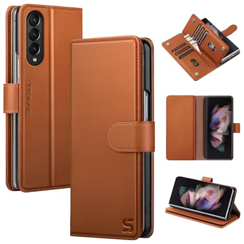 Shieldtop Compatible with Samsung Galaxy Z Fold 3 Wallet Case with Card Holder,Women Man Phone Case RFID Blocking PU Leather Flip Protective Cover Credit Card Holder Slots Kickstand,Light Brown