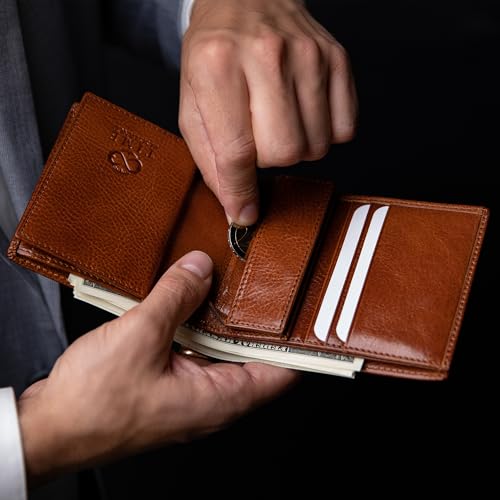 Image of Time Resistance Leather Men's Wallet - Minimalist Wallet Design with Credit Card Holder, Magnetic Coin Holder, and Cash Slots (Cognac Brown)