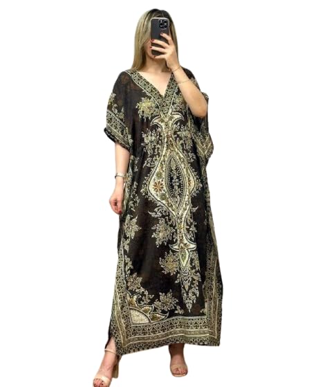 Image of NAIADES Women's Kaftan Dress - Bohemian Printed V-Neck Long Maxi Caftan with Loose Fit & Elegant Design (Kaftan-Kurti)