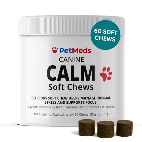 Image of PetMeds Calm Supplement for Dogs - Anxiety & Stress Relief with Vitamins, Theanine & Lemon Balm - Supports Dogs During Travel, Thunder & Separation - Beef & Sweet Potato Flavor - 60 Soft Chews