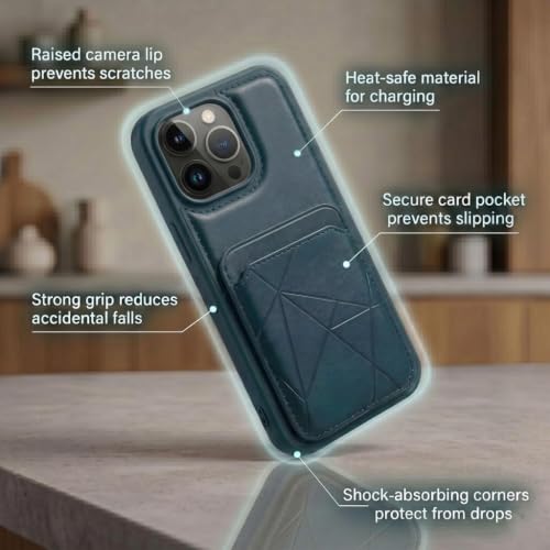 Image of amazon basics Premium Vegan Leather Back Cover with Card Holder and Integrated Mobile Stand for iPhone 14 Pro - Slim Shockproof Wallet Case with Geometric Stitching [Blue]
