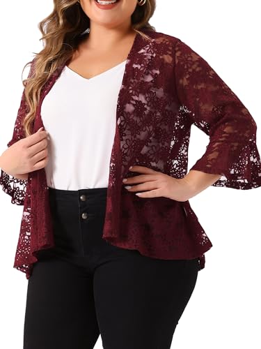 Image of Agnes Orinda Women Plus Size Open Front Lace Cardigans | 3 /4 Bell Sleeve Sheer Formal Bolero Shrugs Lightweight Floral Crochet Cover Up