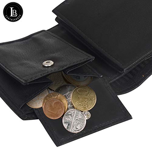Leatherboss Leather Boys Slim Compact Flap Id and Coin Pocket Trifold Wallet for men women, Black3