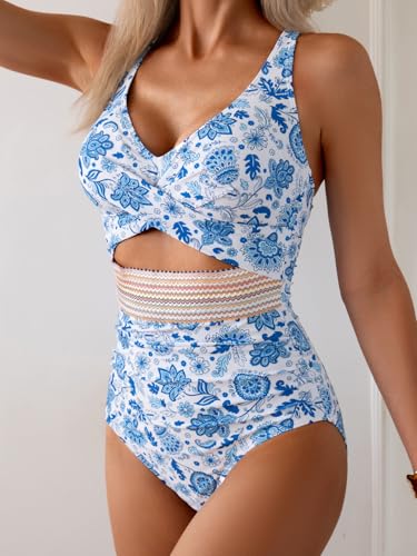 Image of B2prity Women's One Piece Swimsuit Tummy Control High Waisted Bathing Suit | Color Block,Removable Soft Cups,Cutout,V neck,Full Coverage,Adjustable Criss Cross Straps,Tie Back