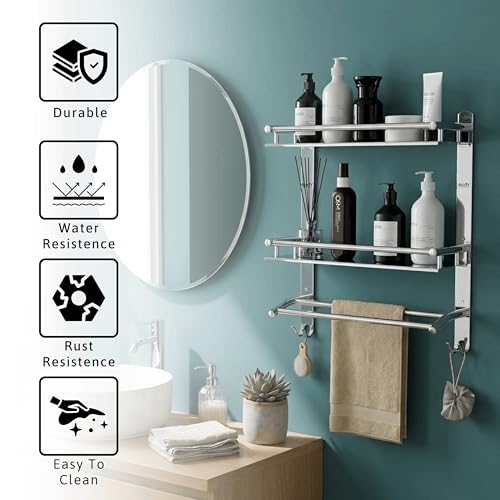 Image of GLOXY Premium Stainless Steel Bathroom Shelf Combo Pack of 3 | Double Layer Wall Mounted Storage Rack with Towel Rods | Chrome Finish Bathroom Fittings Accessories Set for Home & Washroom