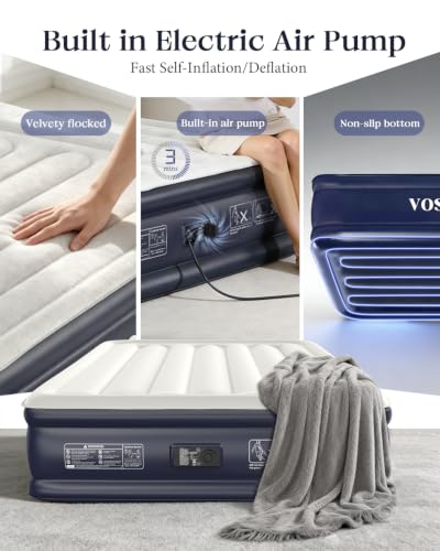 Image of VOSSER Full Size Air Mattress with Built-in Pump - 13 inch Raised Self Inflating Blow Up Mattress for Home, Guests & Travel - Premium Flocked Top Inflatable Bed, Luxury Air Bed, 660lbs