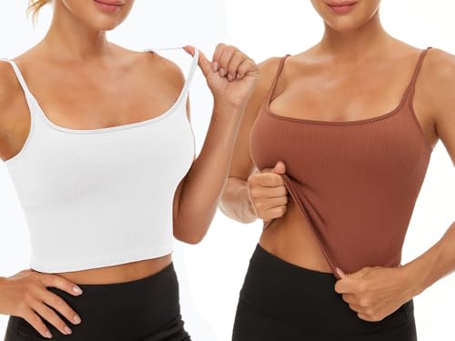 Image of Chilylori Seamless Sports Bra Cropped Tank Top with Adjustable Strap 2 Pack | Workout Tops Ribbed Sports Bra for Women Wireless Longline Crop Tank Padded Comfortable Brami