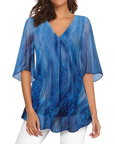 Bebonnie Women's Tunics,Dressy Blouses For Women Trendy Fashion 2023 Business Casual Tops Fall Winter Office Work Western Clothes Elegant Professional Peasant Flowy Tops Starry Blue L #TOP28