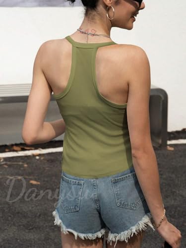 Image of Danysu V Neck Racer Back Tank Top for Women Padded Ribbed Long Tank Fitted Basic Cami Tops