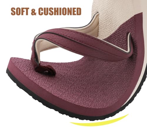 ChayChax Womens Two-Tone Flip Flops with Arch Support Comfort Beach Thong Sandals Indoor Outdoor, Burgundy Beige, 9 Women - Image 3