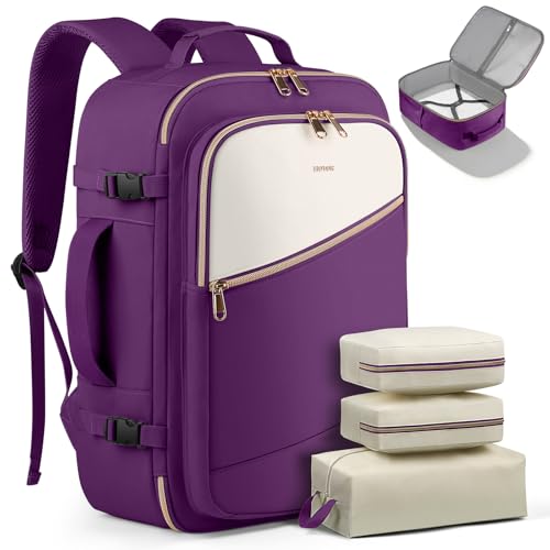 Image of HOTOR Travel Backpack for Women - TSA-Friendly Travel Bag with Multiple Compartments & 3 Packing Cubes, Water-Resistant & Comfortable, Perfect for Travel Essentials, Dark Purple, 17.3 inch x 13.0 inch x 7.9 inch