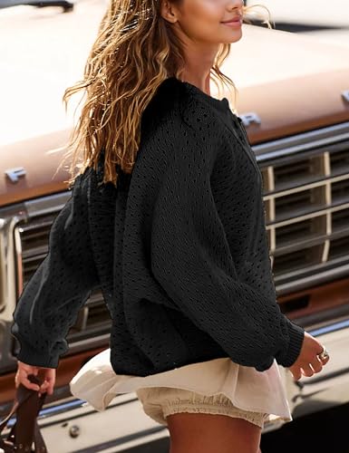 Image of Women Oversized Knit Sweatshirt Hollow Long Sleeve Button Drawstring V Neck Pullover Sweaters (Black-XL)