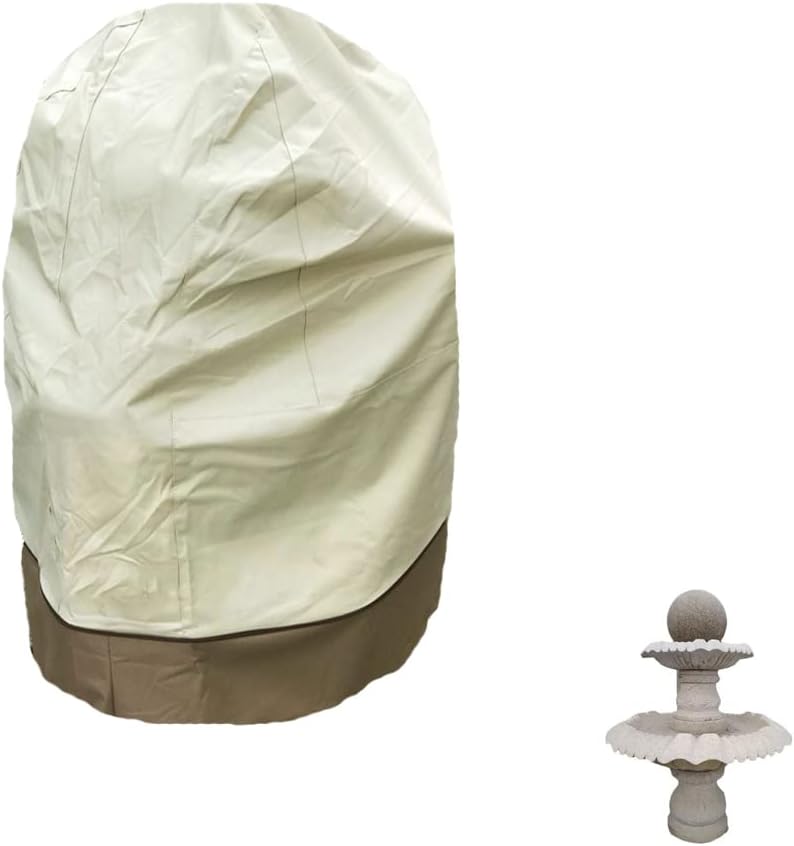 48"x68" Garden Fountain Cover 420D Oxford Outdoor Waterproof Bird Bath Cover Fountain Statue Cover with Locking Drawstring Patio Fountain Protective Cover for Winter (beige)