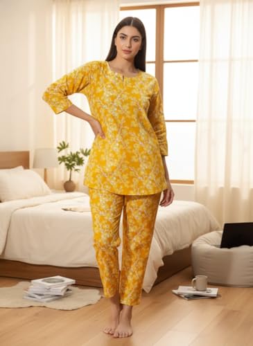 Image of 9shines Label Pure Cotton Printed Women Top & Pyjama Set | Pyjama co-ord Set | Night Suit | Lounge wear for Home | Nightwear Set for Women | Night Dress for Women Stylish (COPJ-5)