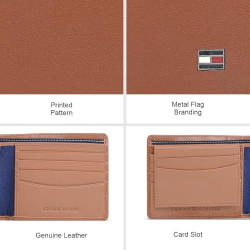Image of Tommy Hilfiger Men's Leather Wallet Anapolis | Printed Tan Passcase Bi-Fold with 12 Card Slots, Coin Pocket | Stylish Purse for Gents