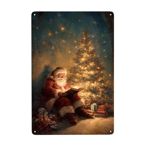 Santa Claus Reading By The Christmas Tree Metal Signs Tin Wall Art Decor Per Bagno Toilette Fattoria Bagno Fattoria Bagno Cortile 20x30 Cm