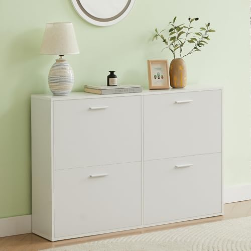 CASABEL Zapatero 4 Abatibles – Mueble para Zapatos Blanco, Diseño Moderno, Gran Capacidad 24 Pares, Mueble Práctico para Pasillo, Entrada, Salón, L114xF24xH83 cm