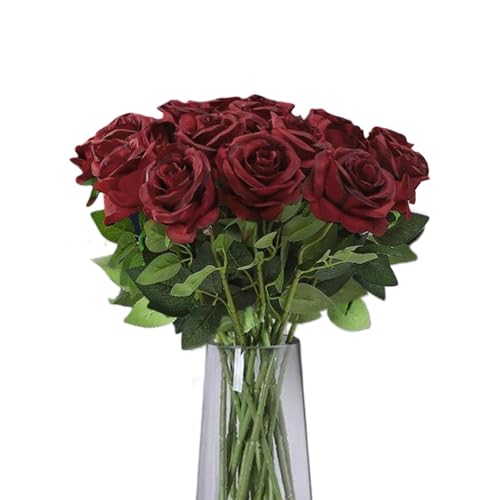 TILONKJ 12 Piezas Rosas Artificiales Rojas,Ramo de Rosas de Tallo Largo de 51 cm,Flores Artificiales Decorativas de Aspecto Realista,para Bodas,Jardines,Cementerio(Carmesí)