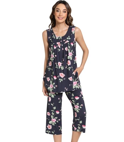 Image of NACHILA Pajamas for Women-Viscose Made from Bamboo, Sleeveless Pjs Top and Capri Pants Pajama Set Cool Pleated Sleepwear