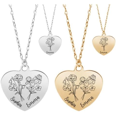 Birth Month Flower Necklace Birthday Gifts Custom Name Floral Pendant Heart Necklaces for Grandma Mom Women Best Friends Wife Aunt Dainty Birth Month Flower Disc Personalized Necklace Customized Cover