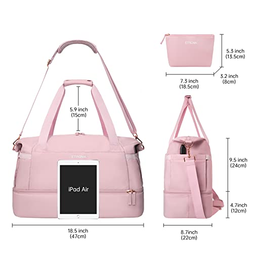 Gym Bag for Women, Sports Travel Duffel Bag with USB Charging Port, Weekender Overnight Bag with Wet Pocket and Shoes Compartment for Women Girls Travel, Gym, Yoga, School (Pink)