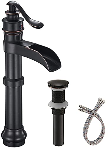 🔥 Hot Deals Bathfinesse Vessel Sink Faucet Bathroom Bowl Faucets Waterfall Oil Rubbed Bronze Farmhouse Tall Above Counter 1 Hole Single Handle with Pop Up Drain Stopper Supply Lines Lead-Free