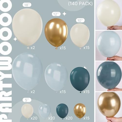 Image of PartyWoo Blue and Gold Balloons, 140 pcs Boho Blue and Chrome Gold Balloons Different Sizes Pack of 18 Inch 12 Inch 10 Inch 5 Inch for Balloon Garland Arch as Birthday Decorations, Party Decorations