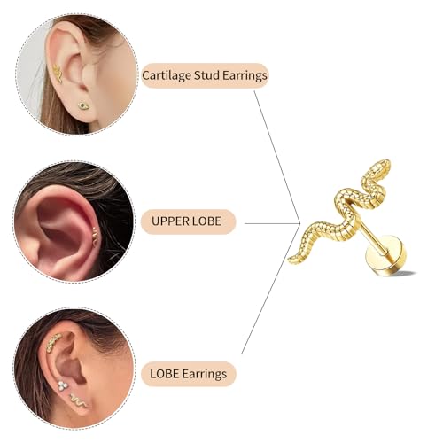Hypoallergenic 14k Gold Plated Snake Flat Back Earrings for Women-316L Stainless Steel Push-in Design Tiny Stud Earrings Can Be Used for Cartilage/Tragus/Helix Multiple Piercing Jewelry3