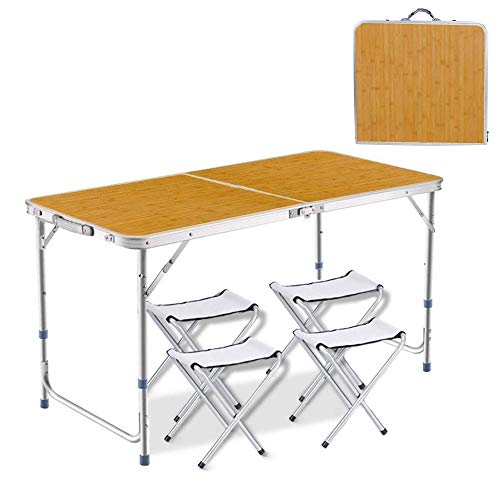 DesertFox アウトドア 折りたたみ テーブル 120×60×(55-62-70)cm 3WAY自由に高さ調整可能ピクニック レジャー キャンプ用(竹の色/チェア×4個付きQ)