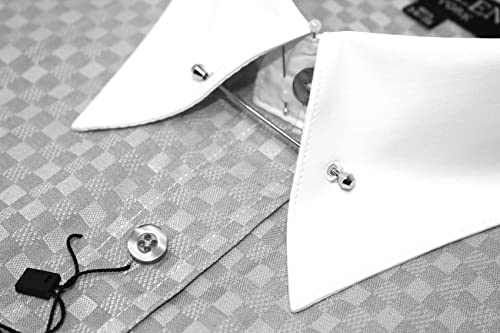 Men's Checkerd Pattern Regular Fit French Cuffs Long Sleeve Dress Shirts with Tie Hanky Cufflinks Collar Bar Combo4