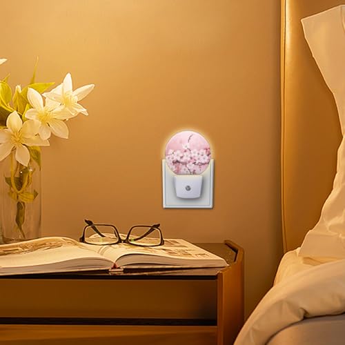 Image of Round LED Night Lights Lamp with Dusk to Dawn Sensor, Delicate Pink Background with Cherry Blossoms Night Light Plug Into Wall for Kids Room, Bedroom, Bathroom, Kitchen, Hallway