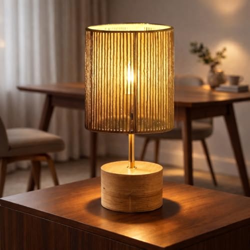 Image of LUCRATIVE Handcrafted Rattan Table Lamp for Bedroom & Living Room - Boho Wooden Bedside Home Decor Lamp with Warm White LED, 27 x 12.7cm | Bulb Included