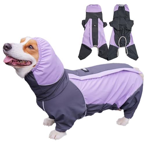 Dog Raincoat Waterproof Rain Jacket for Small Medium Dogs Corgi, Windproof 4-Legs Doggy Poncho with Hood,Lightweight Pet Hoodie with Leash Hole, Rain Coat Rainwear Clothes Wet Weather (Purple, 3XL)