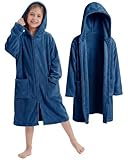 Cutecrop Kids Bath Hooded Towel Robe Absorbent Soft Swim Poncho Parka with Pocket Coral Fleece Zipper Towel Hoodie Beach Surf Changing Robe Wearable Blanket for Boy Girl Home Pool Outerwear(Navy Blue)