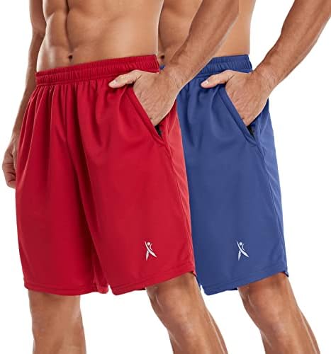 PRIESSEI Men's Workout Running Shorts Athletic Lightweight Gym Shorts with Zip Pockets 2 Pack Red/Blue L