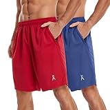 PRIESSEI Men's Workout Running Shorts Athletic Lightweight Gym Shorts with Zip Pockets 2 Pack Red/Bl