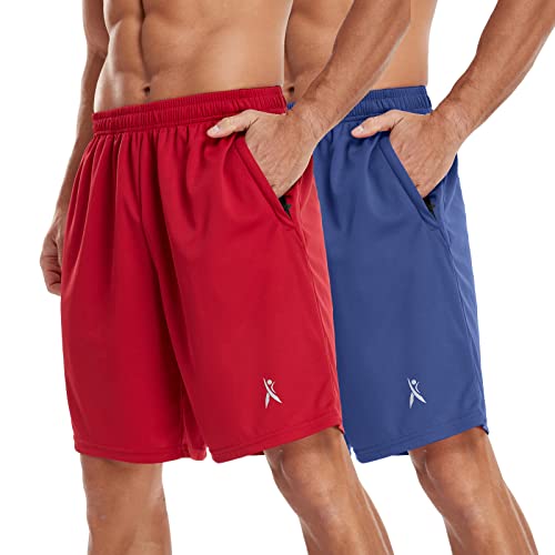 Priessei Men's Workout Running Shorts Athletic Lightweight Gym Shorts With Zip Pockets 2 Pack Red/Blue L #TOP3