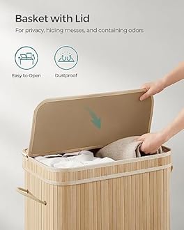 SONGMICS Laundry Hamper with Lid, Bamboo Laundry Basket, Removable Machine Washable Laundry Basket, with Handles, 26.4-Gallons, for Laundry Room, Bedroom, Bathroom, Natural Beige ULCB063N01