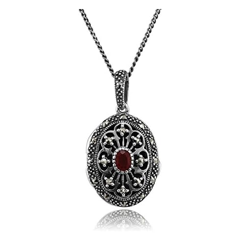 925 Sterling Silver Cornelian & Marcasite Oval Locket Necklace Cover