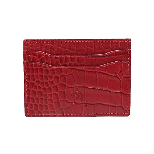 Image of KARA Unisex Embossed Leather Card Holder Red Slim Credit /Debit Cardholder - ATM Card Cover Case wtih 5 Card Holder Slots