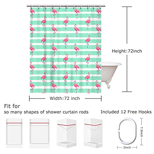 Livilan Pink Flamingo Shower Curtain For Bathroom Aqua Shower Curtain Seafoam Green Pink And Green Shower Curtain With Hooks Mint Green Striped Fabric Tropical Decorative Machine Washable, 72"W X 72"H #TOP4