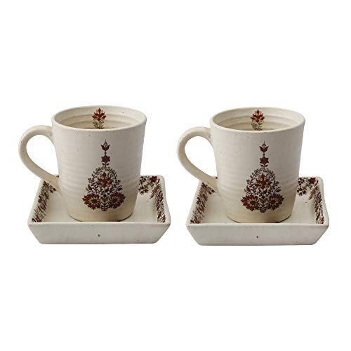 Image of Miah Decor Stoneware Coffee Mugs Set of 2 with 2 Matching Platters | Ceramic Coffee Mug Set | Tea Cups & Mugs | Food Safe, Microwave & Dishwasher Safe | Traditional Ethnic Printed Coffee Mug Gift Set