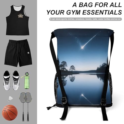 Small Gym Bag Mirror Lake Meteor Printed Drawstring Gym Bag for Men Lightweight Waterproof Drawstring Backpack for Women with Shoe Compartment for Travel Tourism Work And Fitness3