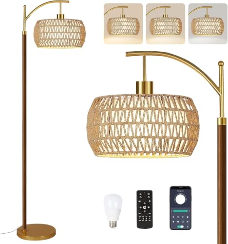 Image of ZECOXOL Wood Floor Lamps for Living Room Arc Boho Floor Lamp with Remote Control & 3 Color Temperatures,Vintage Wicker Rattan Standing Lamp Dimmable Tall Floor Lamp for Bedroom Living Room Corner